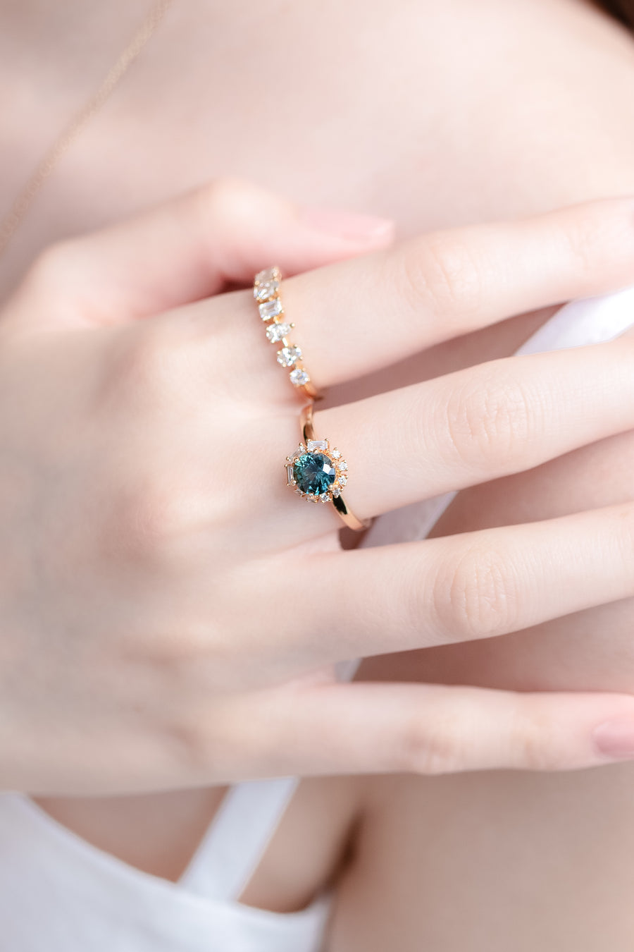 PREORDER - ~0.30carat Natural Teal Sapphire & diamond 18K with ~total 0.17carat Diamond Stacking Ring