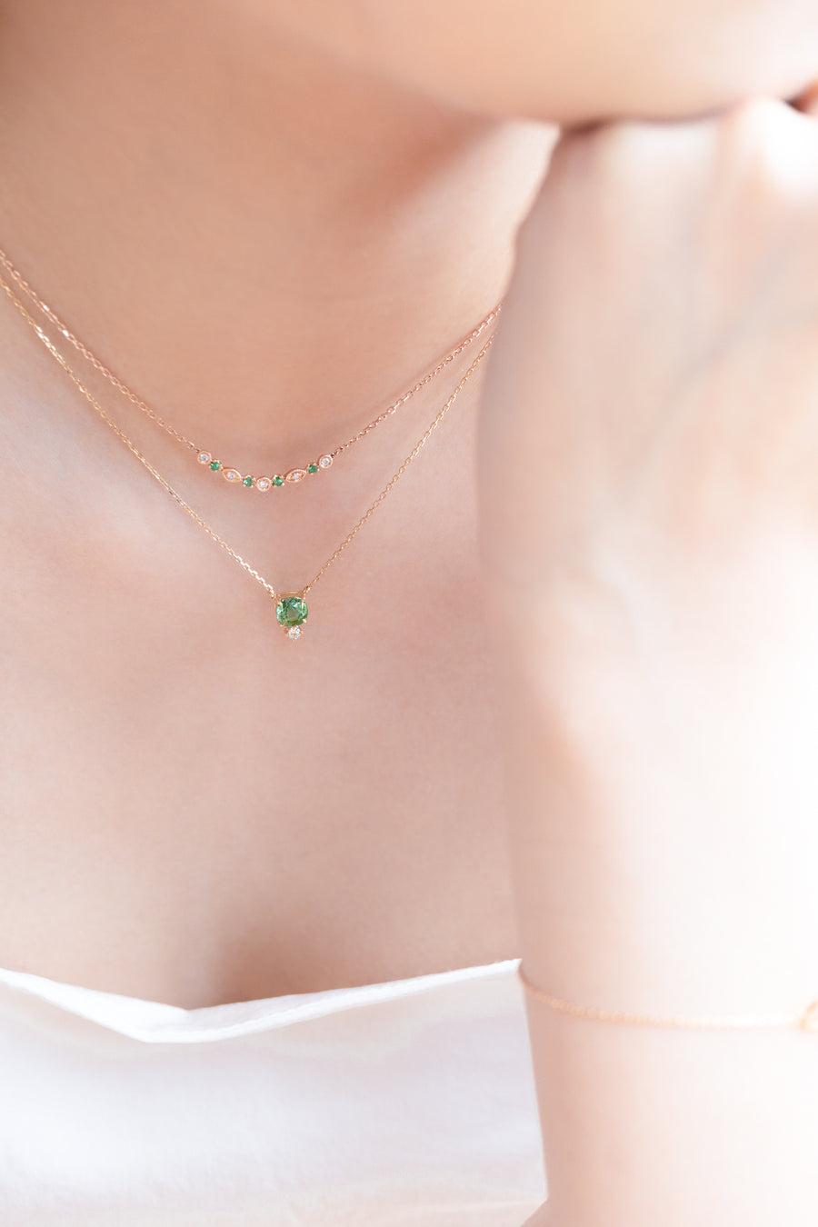 Milgrain Smile Emerald & Diamonds 14/18K Rose Gold Necklace