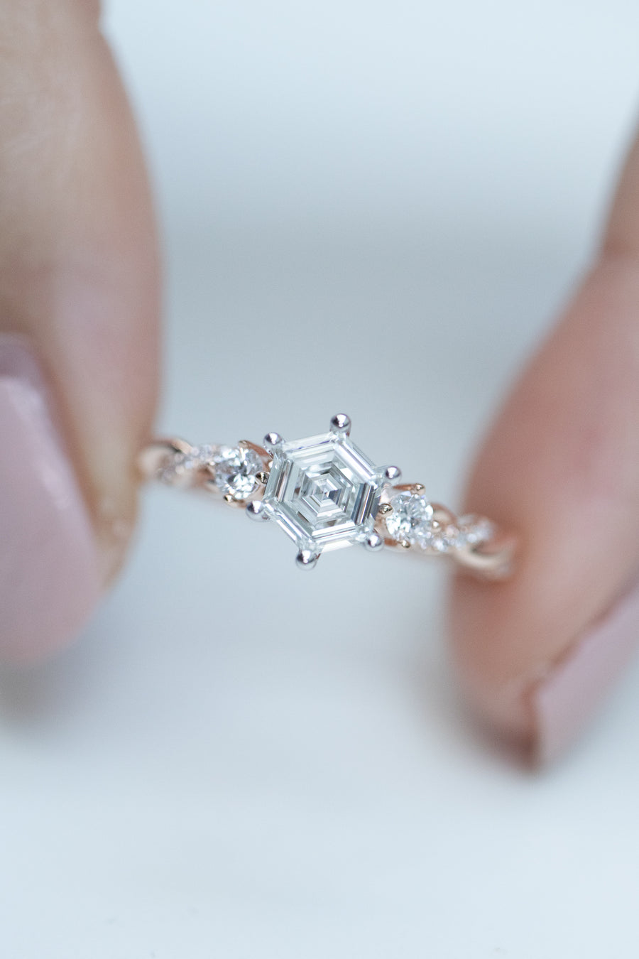 Brilliant Cut Hexagon Diamond 0.50ct (With GIA Certificate) & diamonds 18K Rose + White Gold Ring