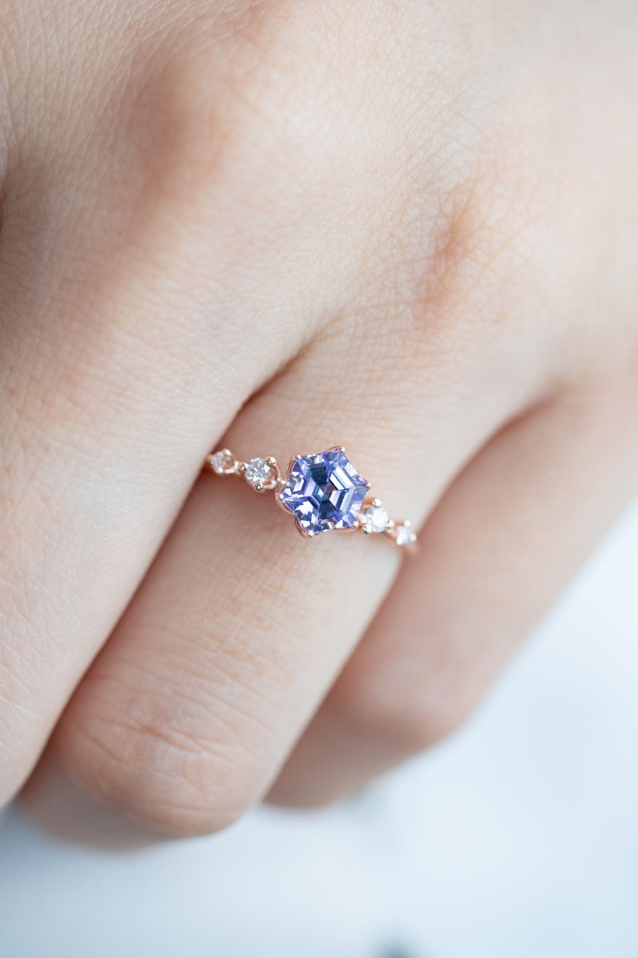 PREORDER - ~0.60ct Hexagon Tanzanite & Diamonds 14/18K Gold Twisted Ring