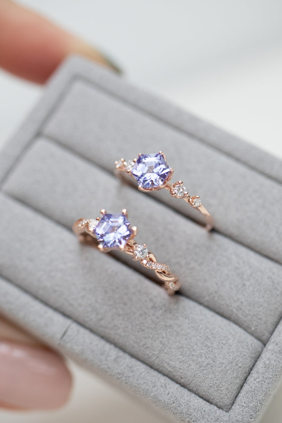 PREORDER - ~0.60ct Hexagon Tanzanite & Diamonds 14/18K Gold Twisted Ring