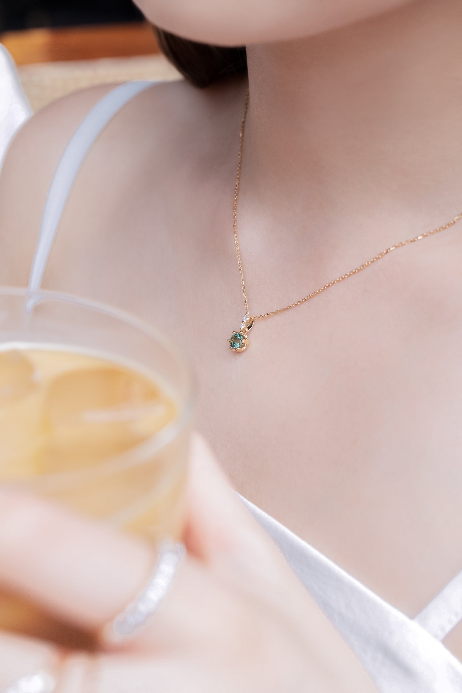 PREORDER - Decorative Green Sapphire ~0.55-0.60ct  & diamonds 18K Gold Necklace