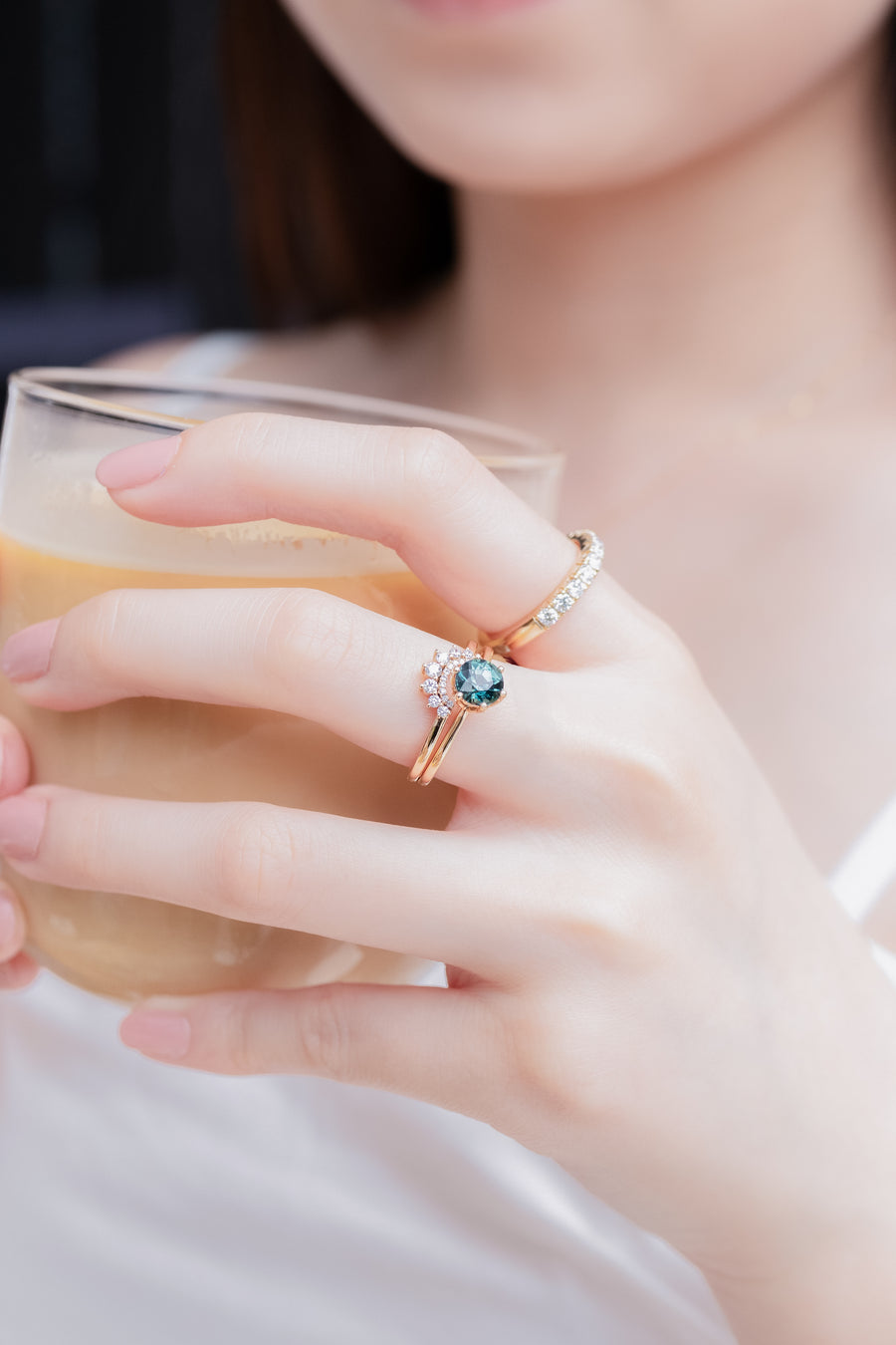 1.14ct Teal Sapphire (Unheated with Certificate) 18K Rose Gold Engagement Ring & diamond Stacking Ring