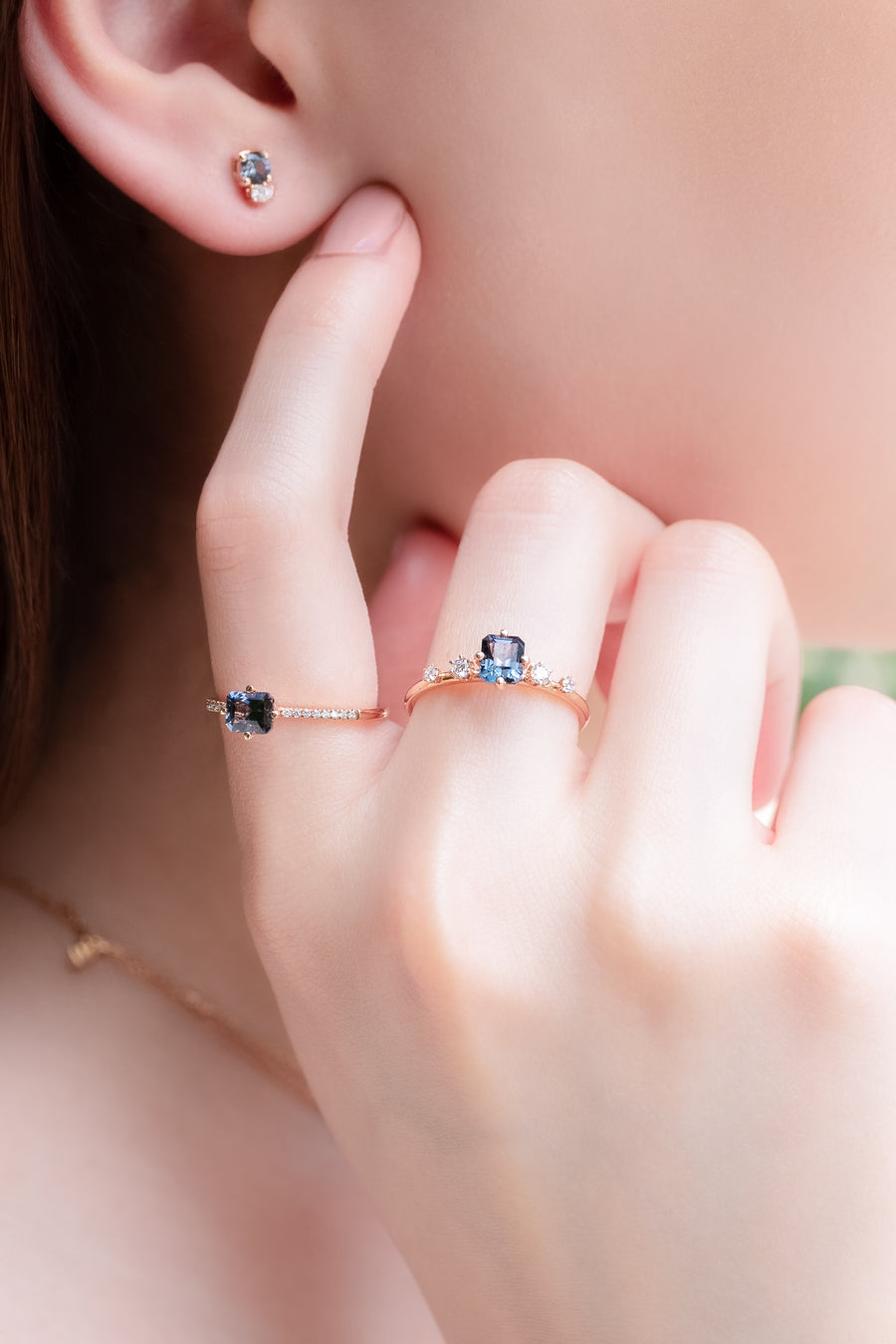 Five Stone Step Cut Emerald 0.85ct Blue Spinel & total diamond 14K Rose Gold Ring