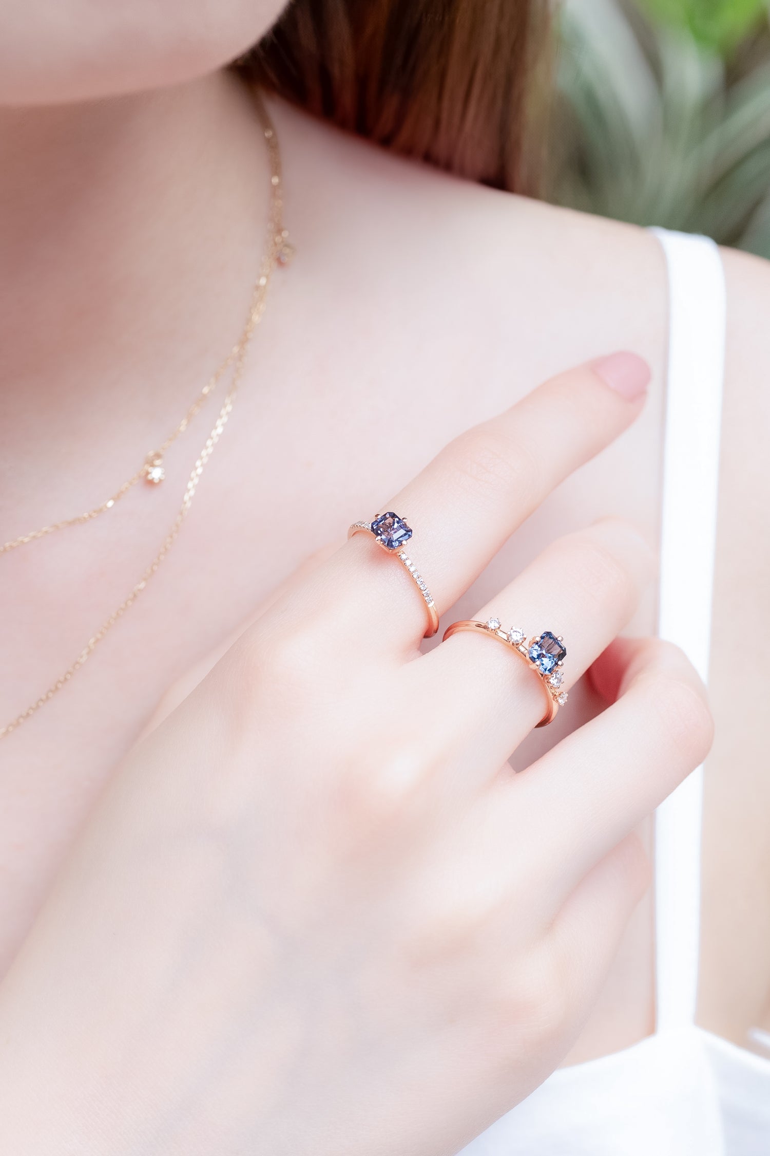 0.85ct Five Stone Step Cut Spinel & diamonds 14K Rose Gold Ring