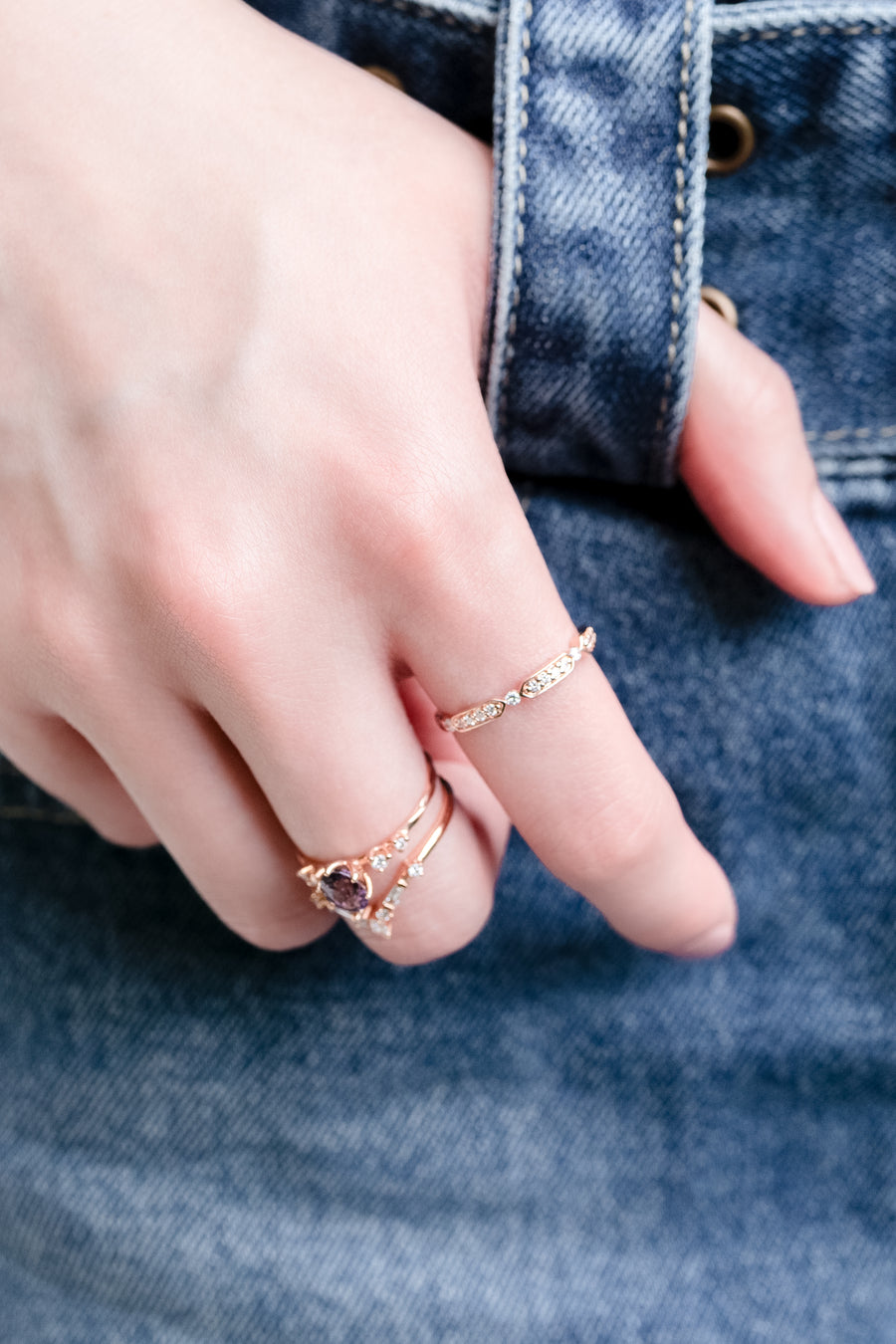 Baguette and Round Brilliant White Diamonds total ~0.15carat 14K/18K Gold Stacking Ring