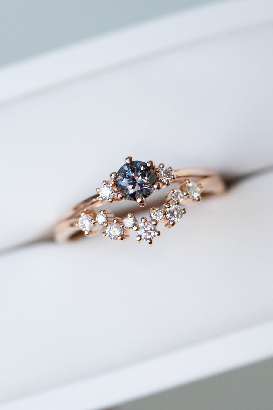 PREORDER - ~0.33ct Graylish Spinel & diamond 18K Ring with ~Starry V Shape Diamond Stacking Ring
