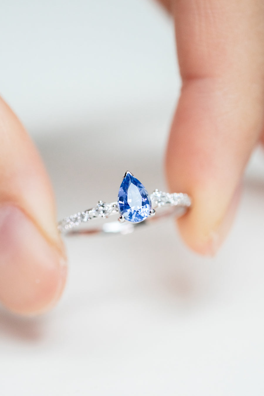 Poire Blue Sapphire 0.69ct & Diamond 18K Half Eternity Engagement Ring