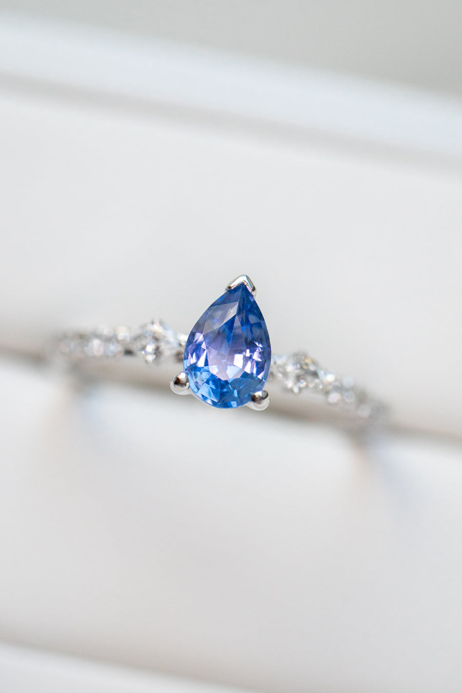 Poire Blue Sapphire 0.69ct & Diamond 18K Half Eternity Engagement Ring