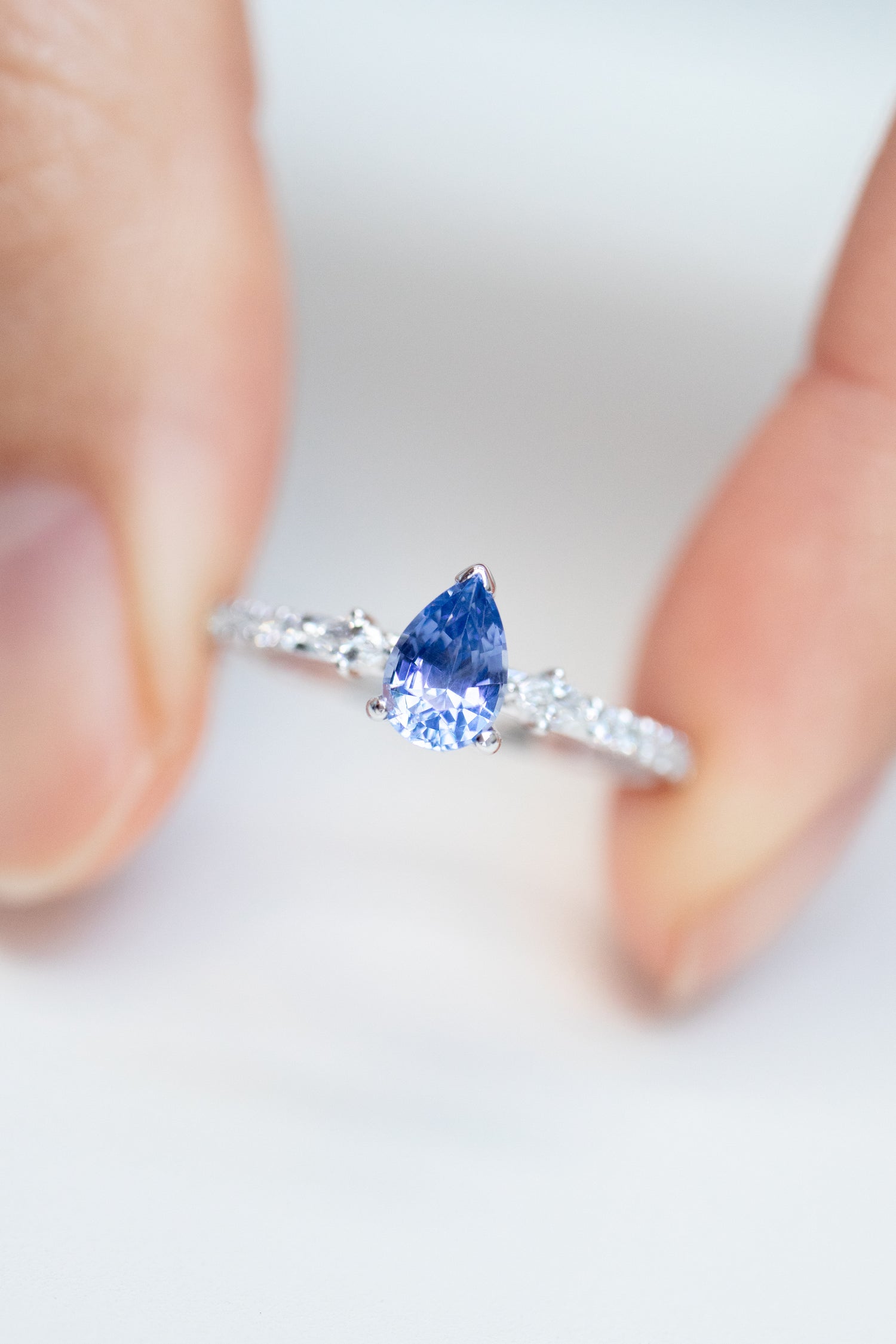 Poire 0.50ct Blue Sapphire (With Certificate) & Diamonds 18K Half Eternity Engagement Ring