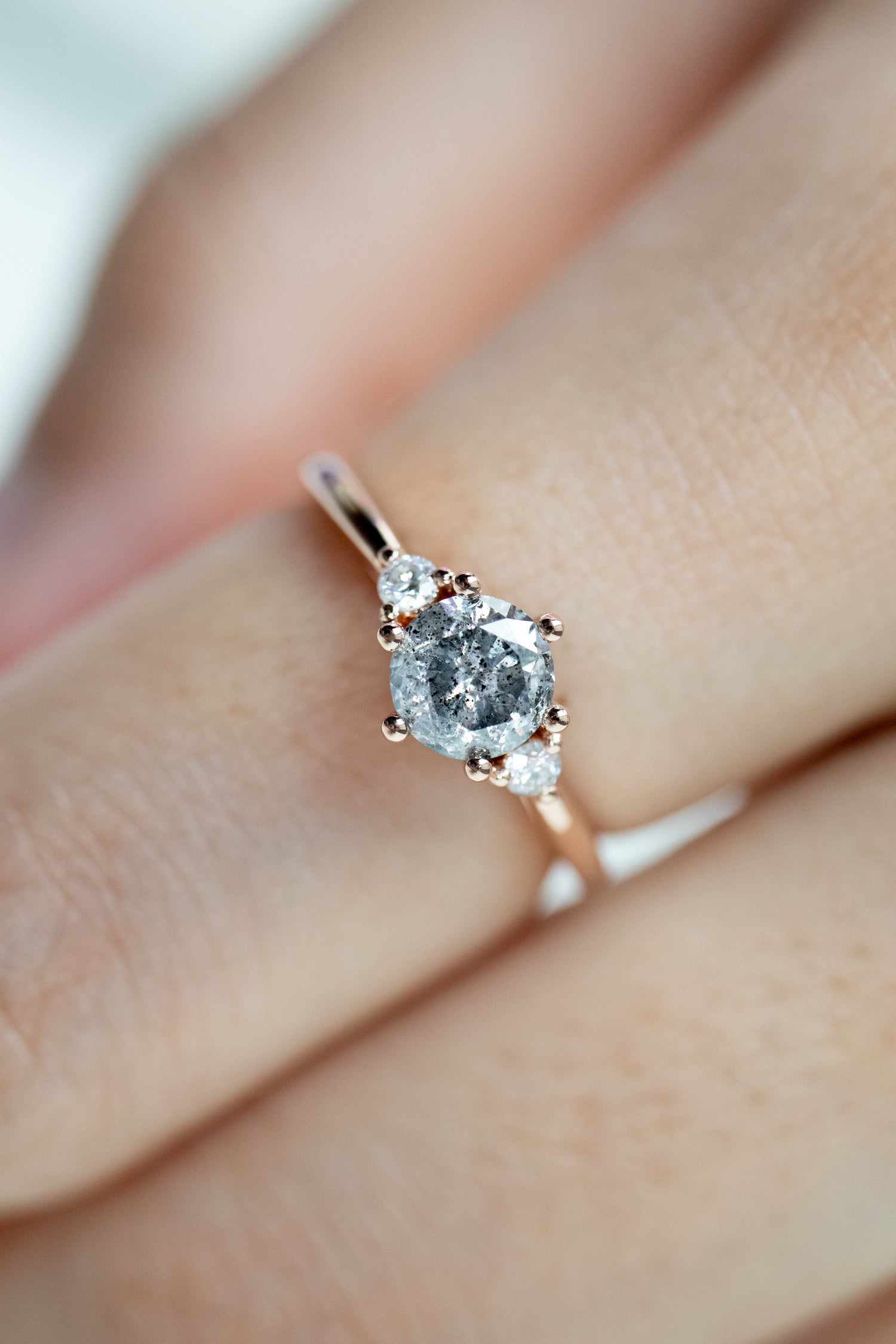 0.67ct Round Salt and Pepper Diamond & White Diamonds 18K Rose Gold Ring with Stacking Ring