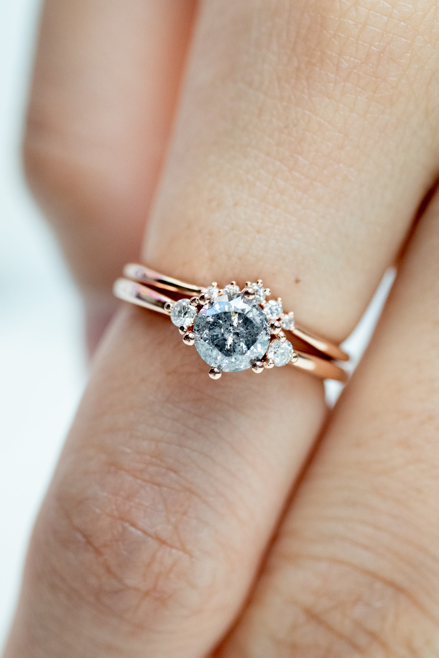 0.67ct Round Salt and Pepper Diamond & White Diamonds 18K Rose Gold Ring with Stacking Ring