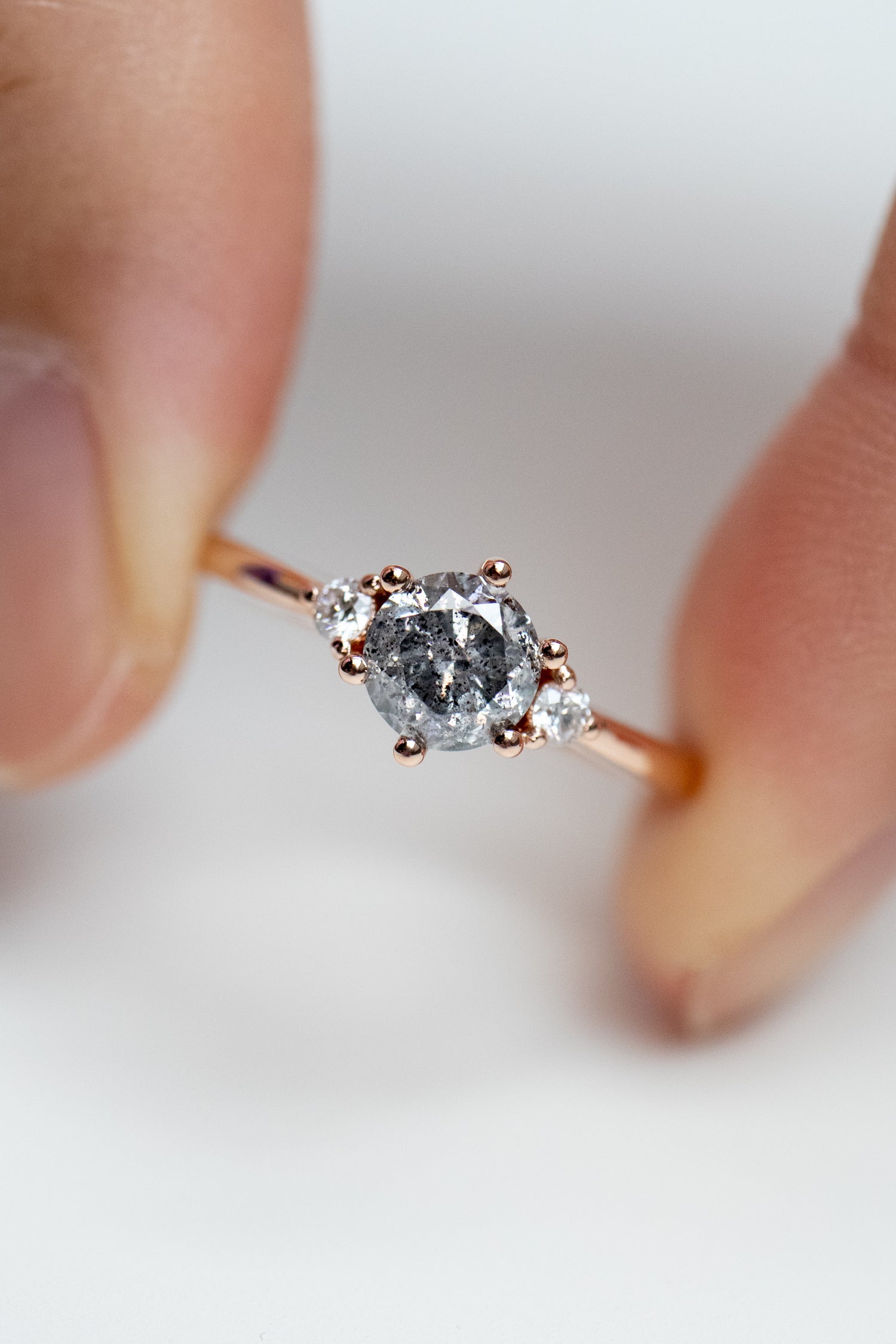 0.67ct Round Salt and Pepper Diamond & White Diamonds 18K Rose Gold Ring with Stacking Ring