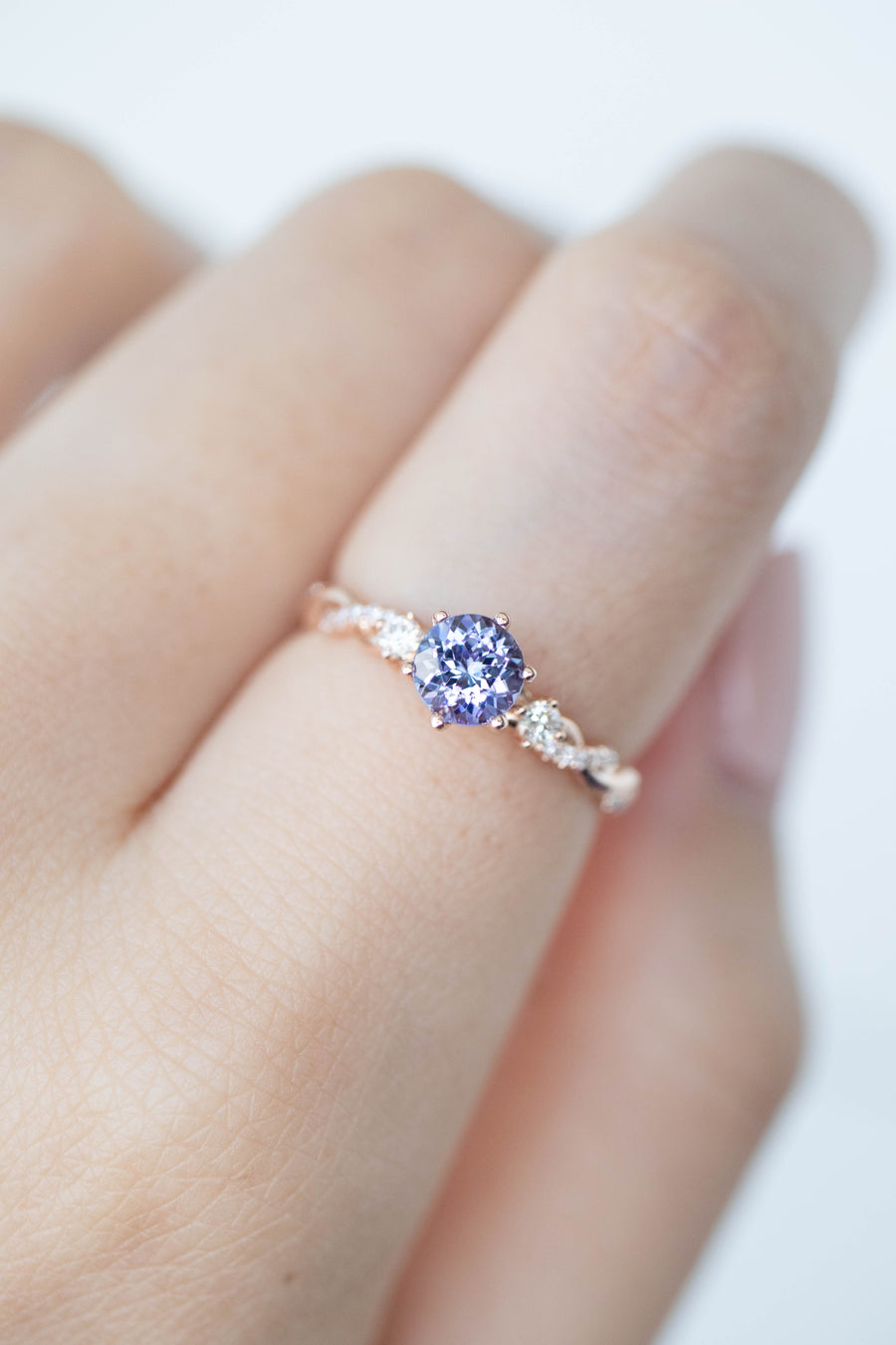 Allium Giganteum Tanzanite 0.56ct & diamonds 18K Rose Gold Half Eternity Twisted Ring