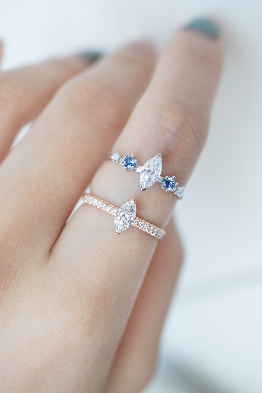 Brilliant Cut Marquise Diamond 0.40ct (With GIA Certificate) & Sapphire diamond 18K White Gold Ring