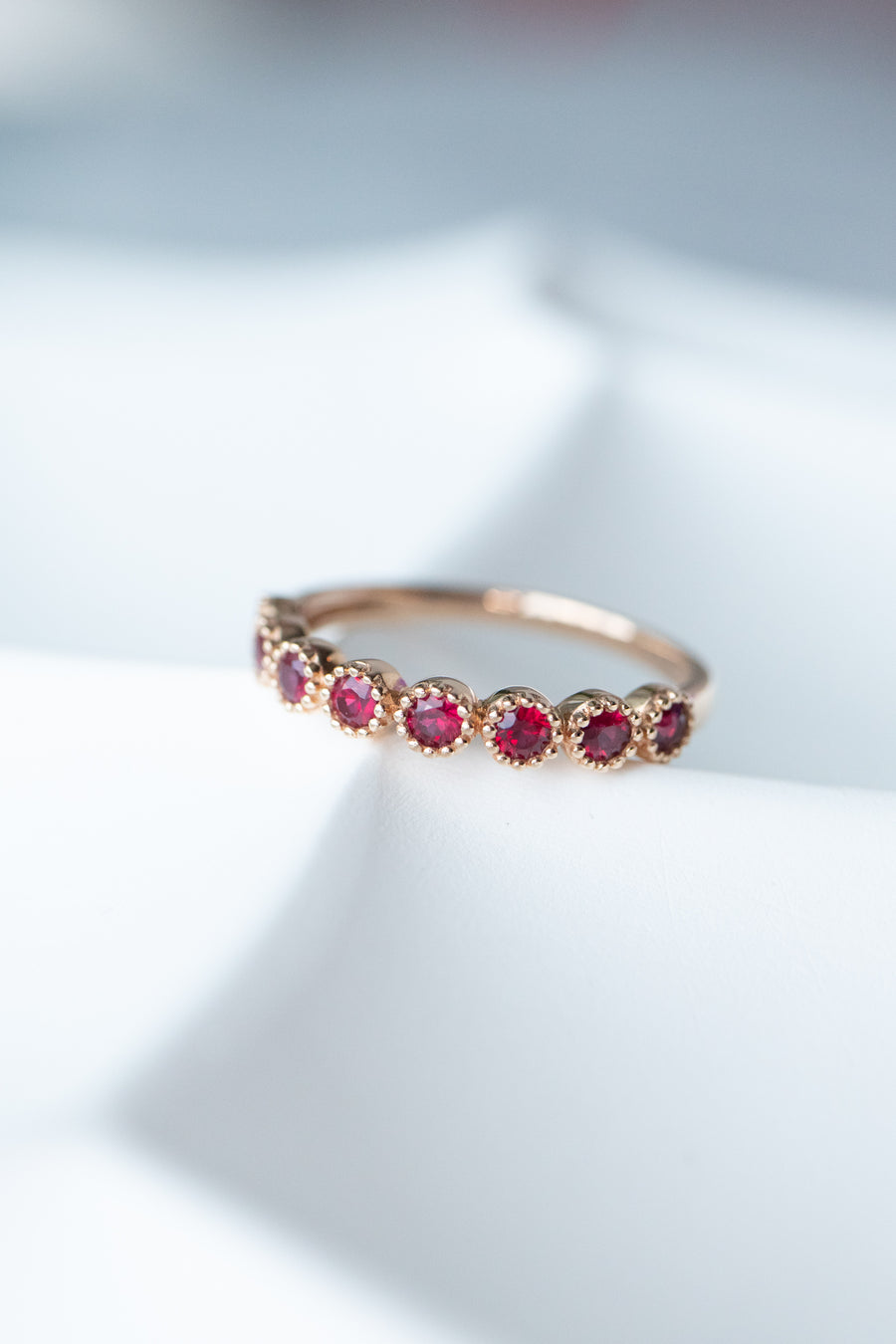 Total ~0.428carat Ruby 18K Rose Gold Vintage Half Eternity Ring