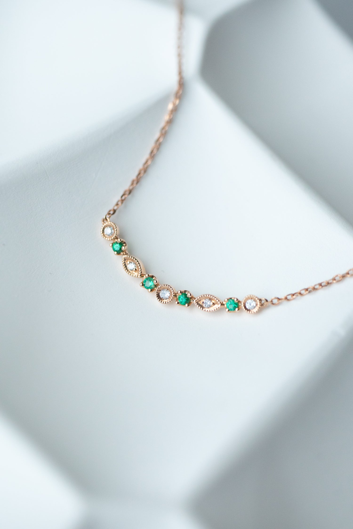 PREORDER - Marquise and round-Shaped Emerald & Diamonds 14/18K Gold Necklace