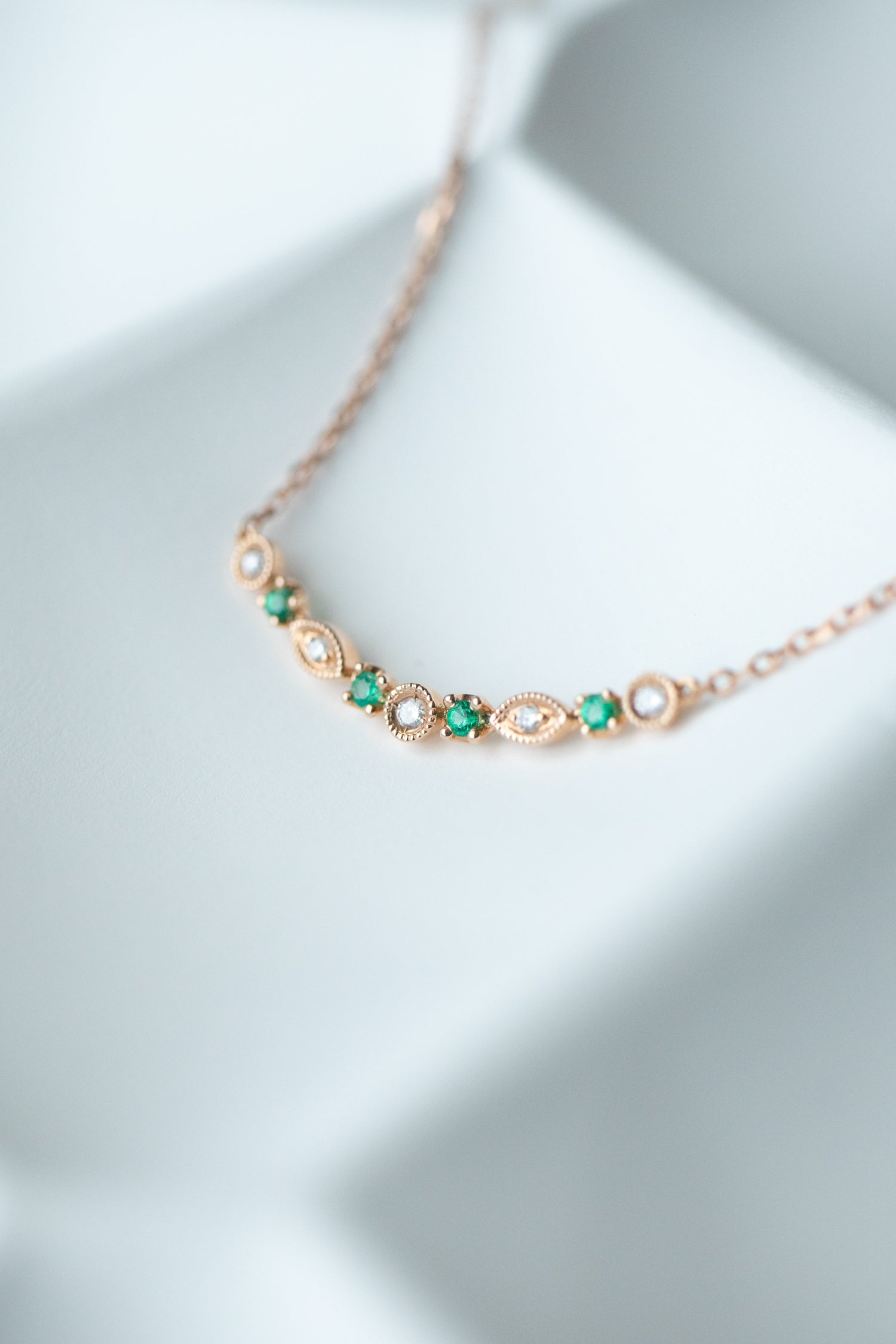 PREORDER - Marquise and round-Shaped Emerald & Diamonds 14/18K Gold Necklace