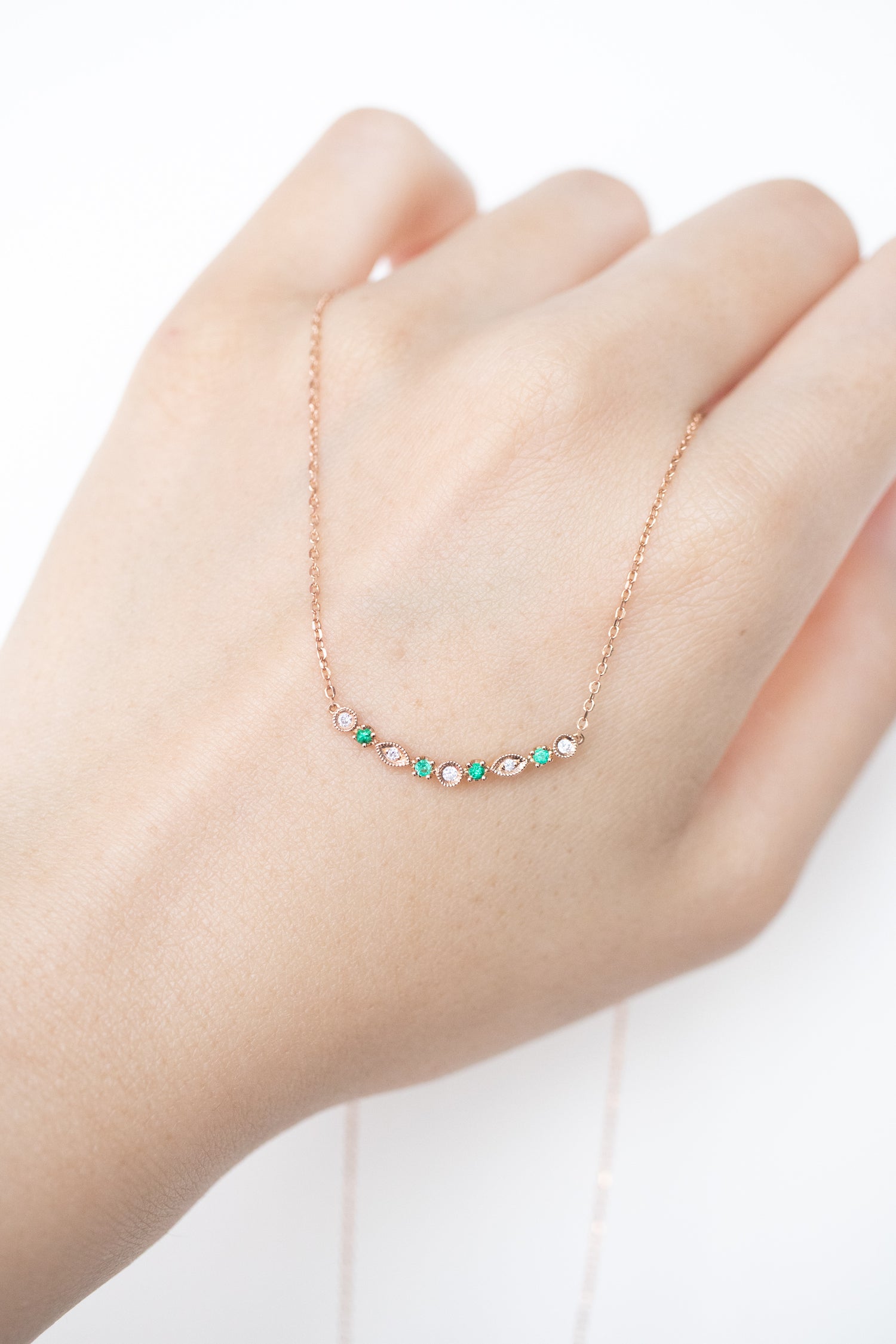 PREORDER - Marquise and round-Shaped Emerald & Diamonds 14/18K Gold Necklace