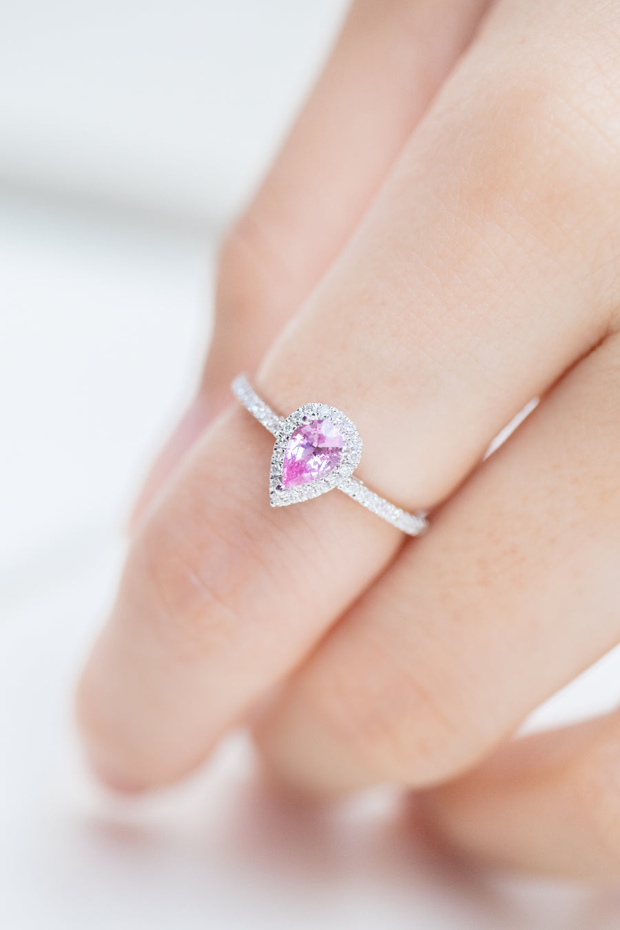 Halo Pink Pear Sapphire 0.42ct & Half Eternity Diamond 18K White Gold Ring