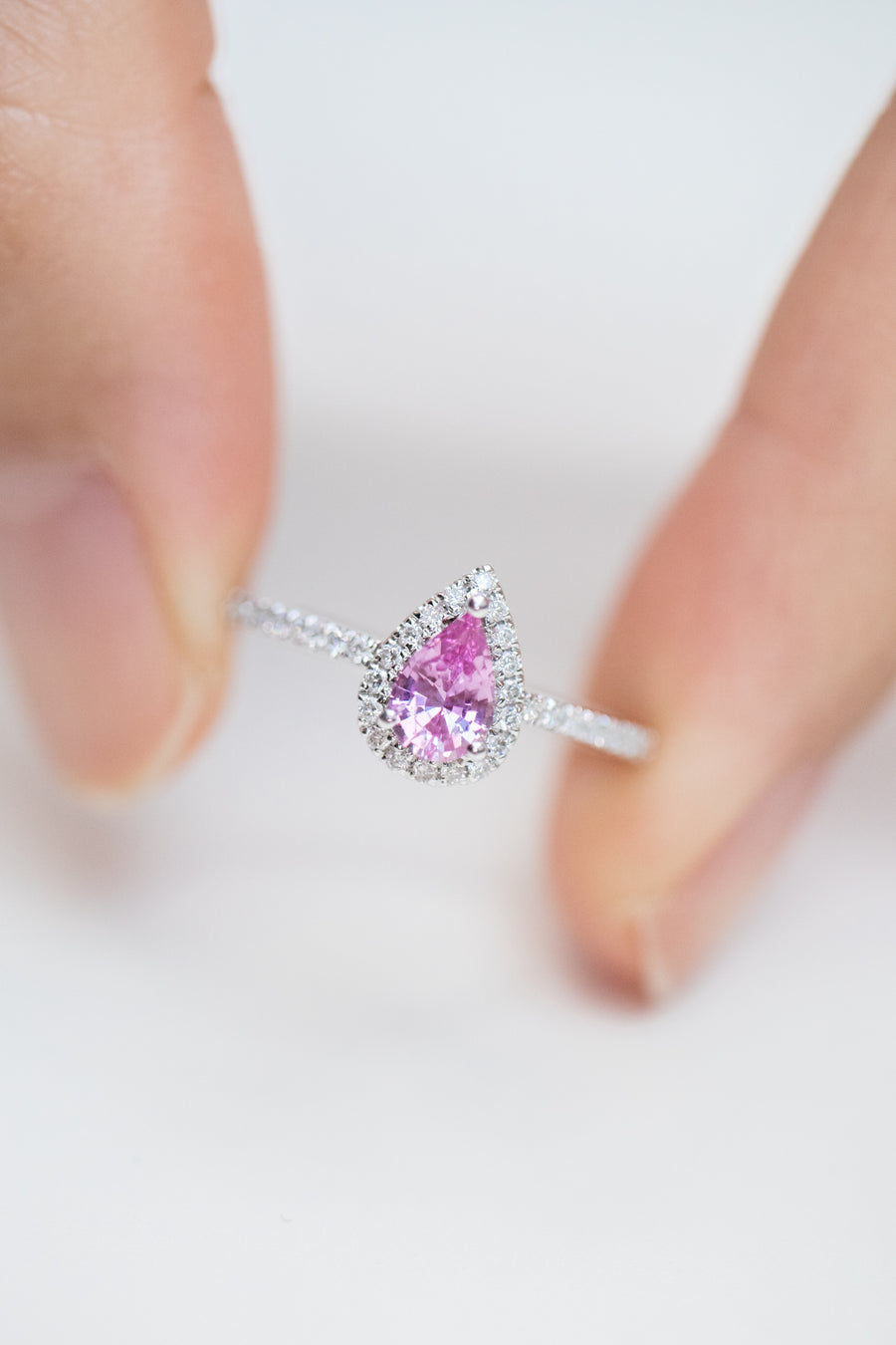 Halo Pink Pear Sapphire 0.42ct & Half Eternity Diamond 18K White Gold Ring