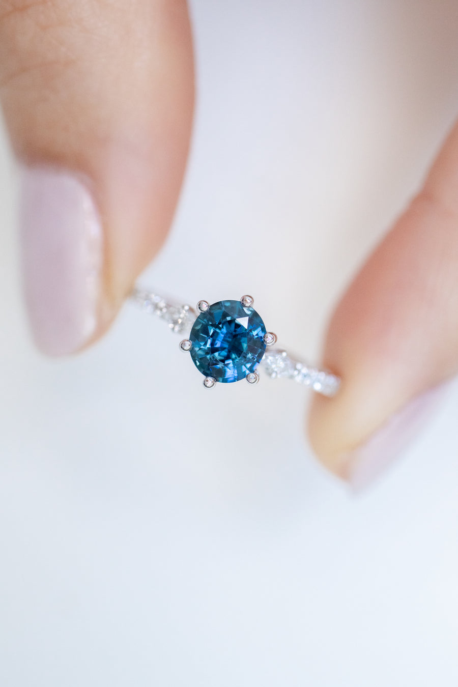 0.79ct Oval Blue Sapphire (With Certificate) & Half Eternity Diamond 18K White Gold Ring