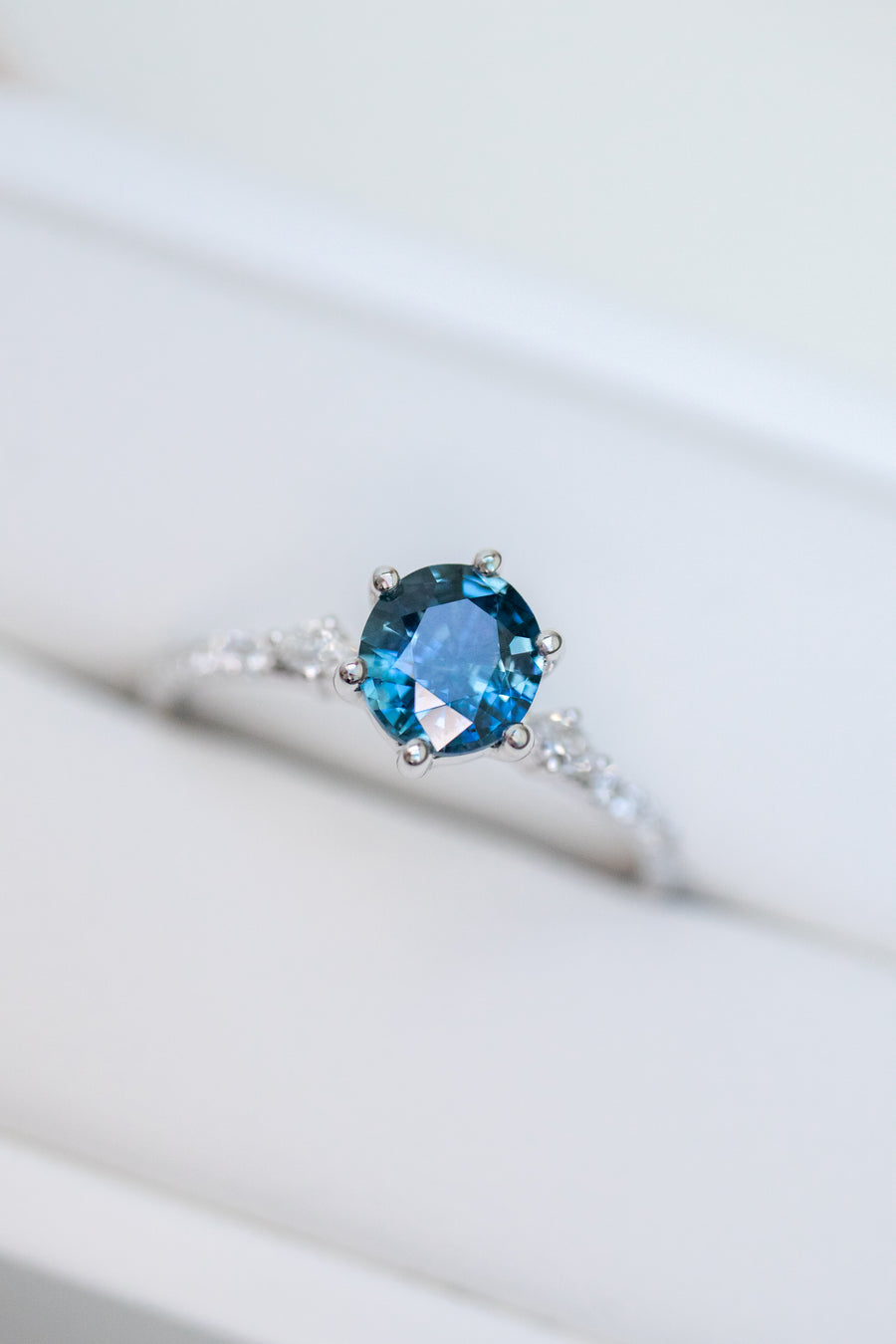 0.79ct Oval Blue Sapphire (With Certificate) & Half Eternity Diamond 18K White Gold Ring