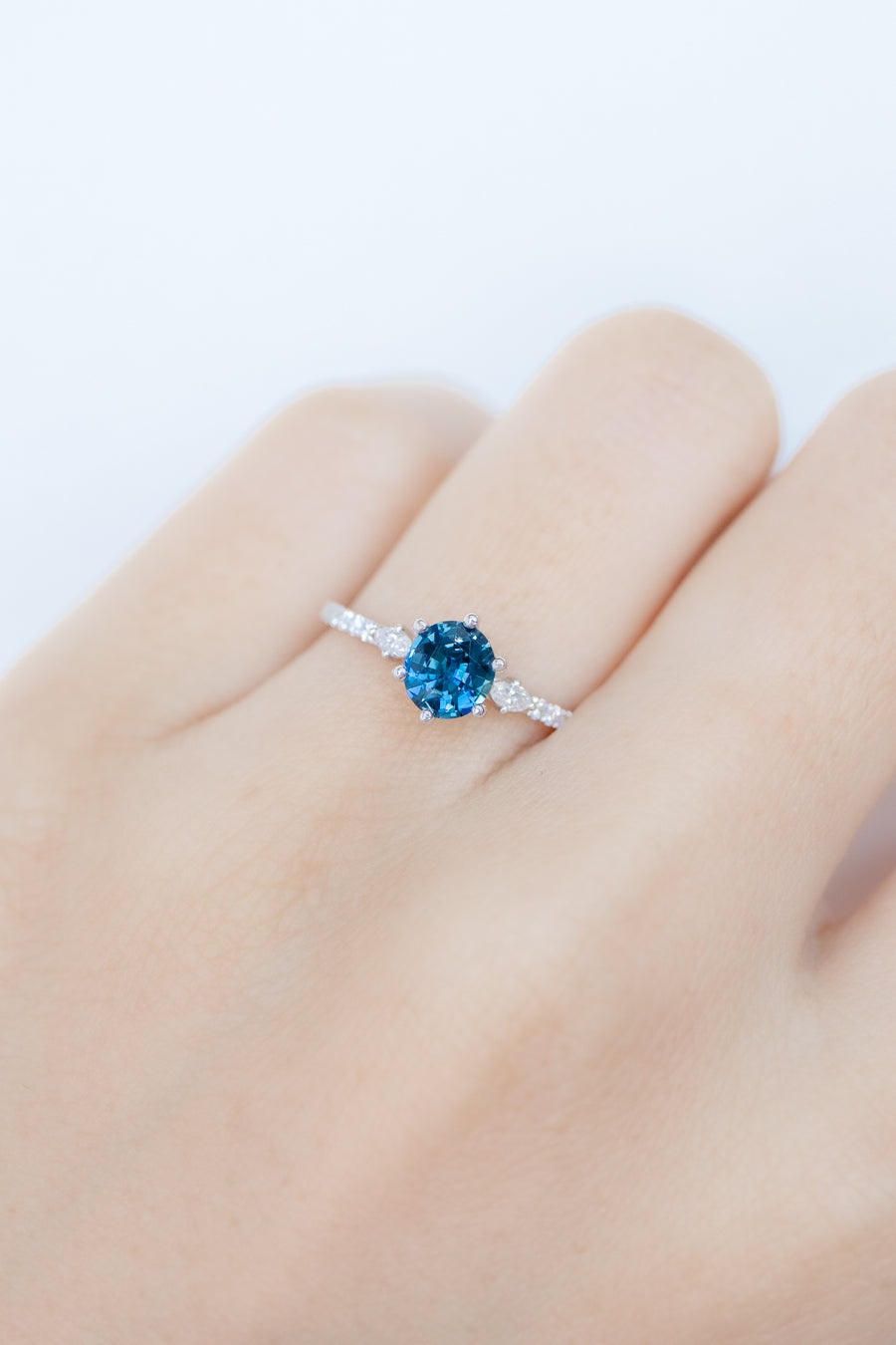 0.79ct Oval Blue Sapphire (With Certificate) & Half Eternity Diamond 18K White Gold Ring