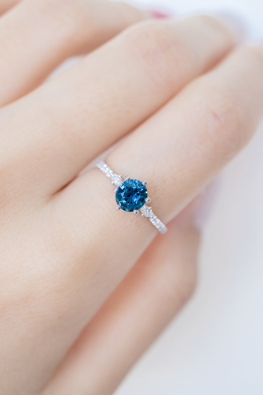 0.79ct Oval Blue Sapphire (With Certificate) & Half Eternity Diamond 18K White Gold Ring