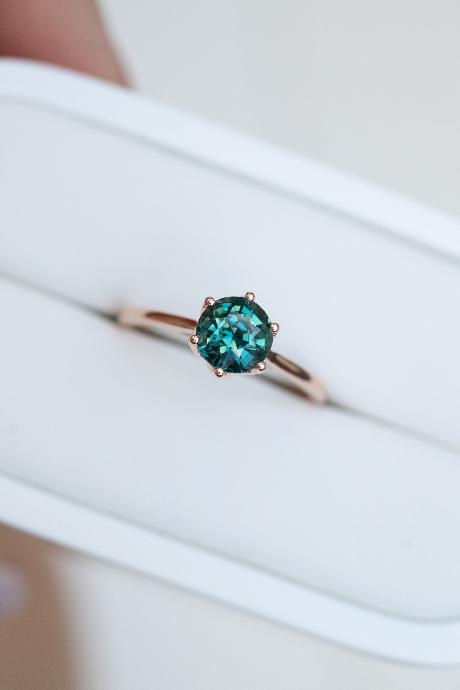1.14ct Round Teal Sapphire (Unheated with Certificate) 18K Rose Gold Engagement Ring & diamonds Stacking Ring