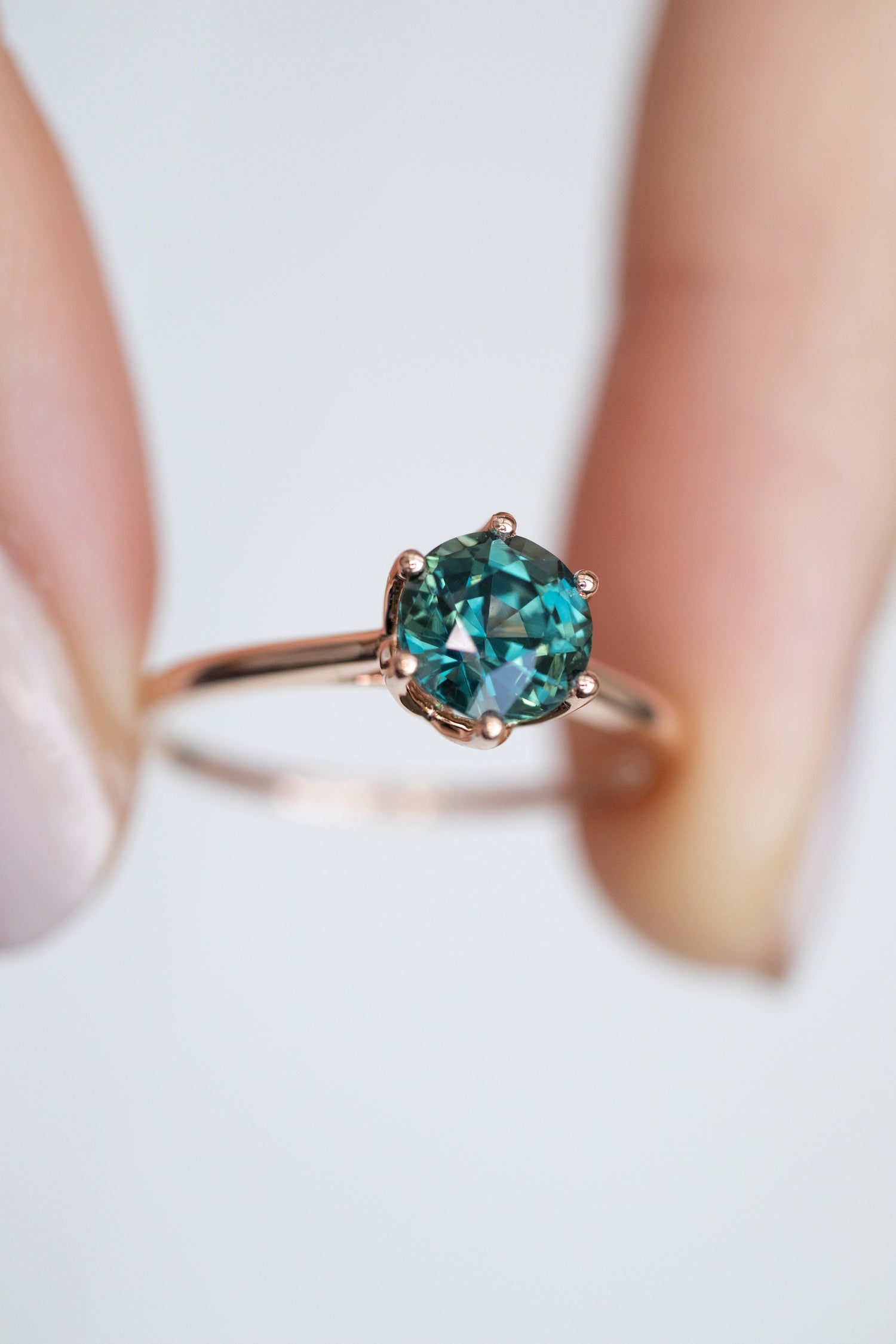 1.14ct Round Teal Sapphire (Unheated with Certificate) 18K Rose Gold Engagement Ring & diamonds Stacking Ring