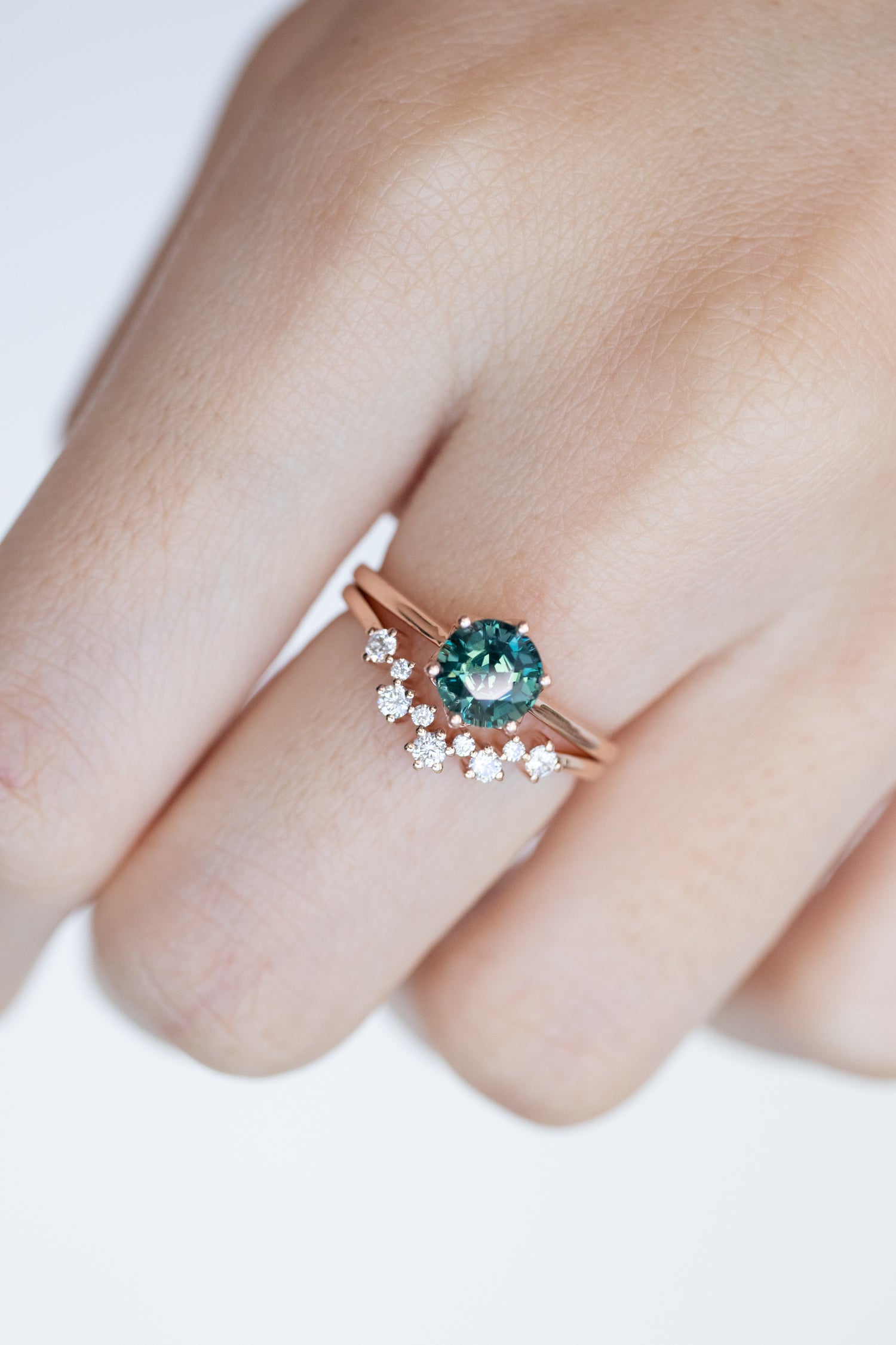 1.14ct Round Teal Sapphire (Unheated with Certificate) 18K Rose Gold Engagement Ring & diamonds Stacking Ring
