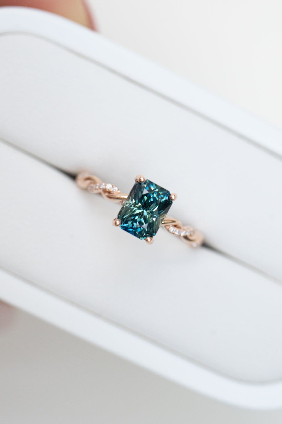 1.78ct Radiant Twisted Teal Sapphire (Unheated with Certificate) & diamond 18K Rose Gold Engagement Ring