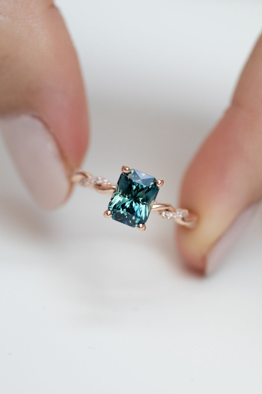 1.78ct Radiant Twisted Teal Sapphire (Unheated with Certificate) & diamond 18K Rose Gold Engagement Ring