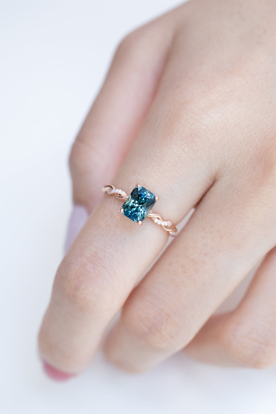 1.78ct Radiant Twisted Teal Sapphire (Unheated with Certificate) & diamond 18K Rose Gold Engagement Ring