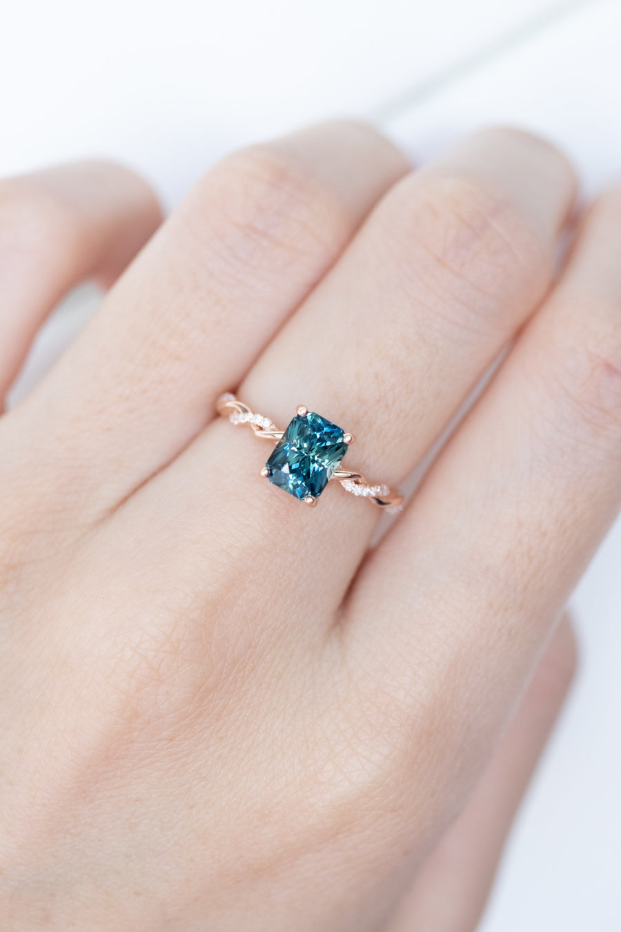 1.78ct Radiant Twisted Teal Sapphire (Unheated with Certificate) & diamond 18K Rose Gold Engagement Ring