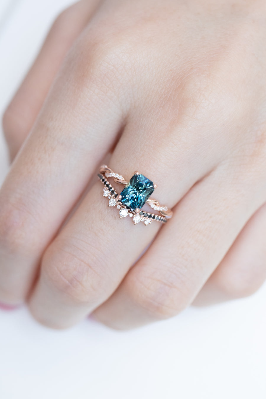 1.78ct Radiant Twisted Teal Sapphire (Unheated with Certificate) & diamond 18K Rose Gold Engagement Ring