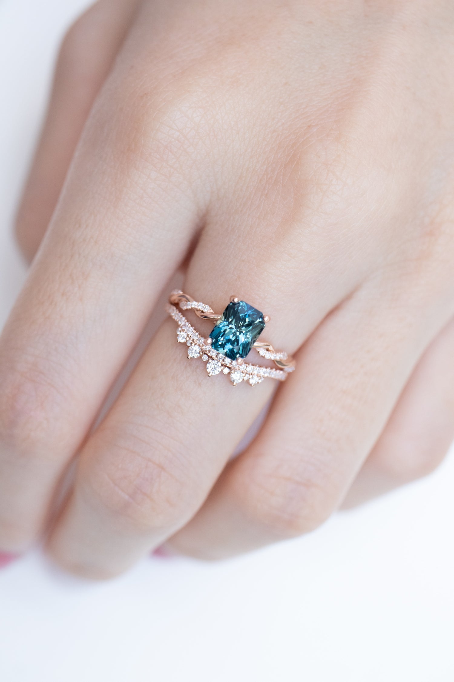 1.78ct Radiant Twisted Teal Sapphire (Unheated with Certificate) & diamonds 18K Rose Gold Engagement Ring