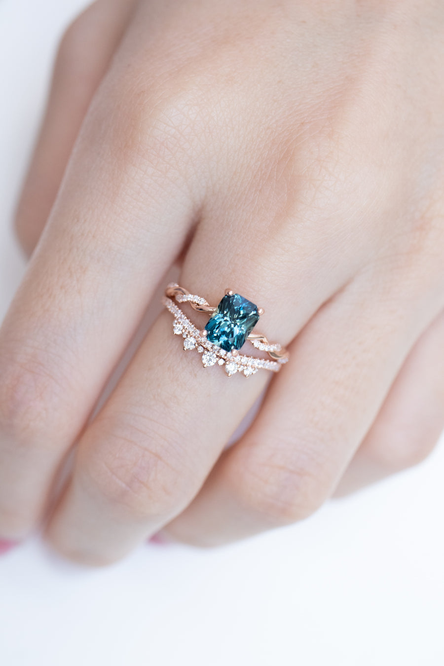 1.78ct Radiant Twisted Teal Sapphire (Unheated with Certificate) & diamond 18K Rose Gold Engagement Ring