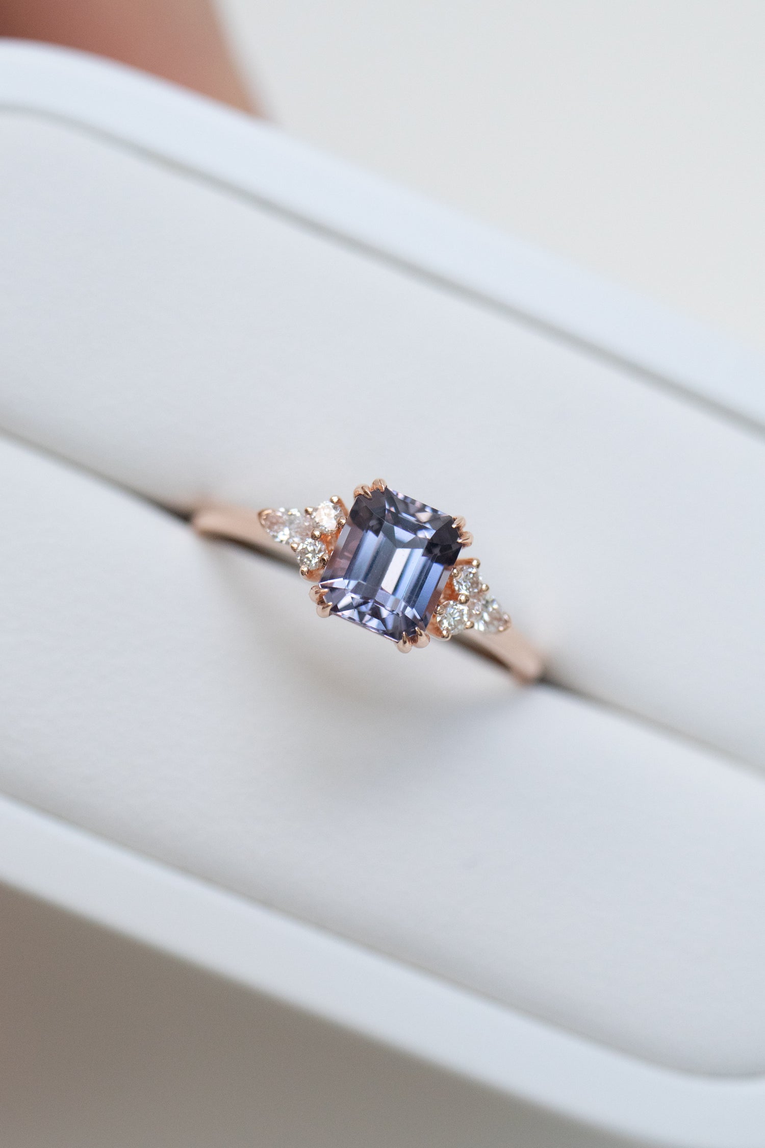 1.12ct Emerald Cut Purplish Blue Spinel & diamonds 18K Rose Gold Ring