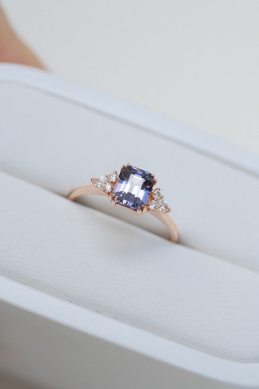 1.12ct Emerald Cut Purplish Blue Spinel & 0.14ct Diamonds 18K Rose Gold Ring