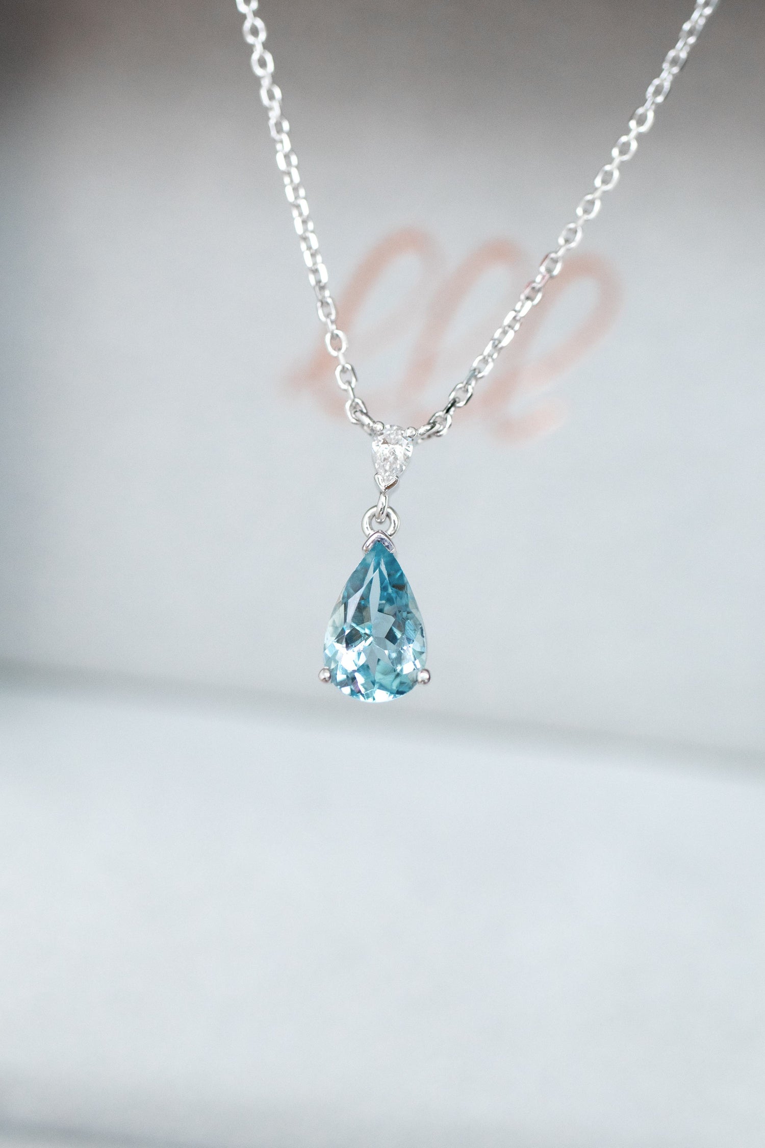PREORDER - Elegant Pear Shape Aquamarine 0.65ct & Diamond 18K White Gold Necklace