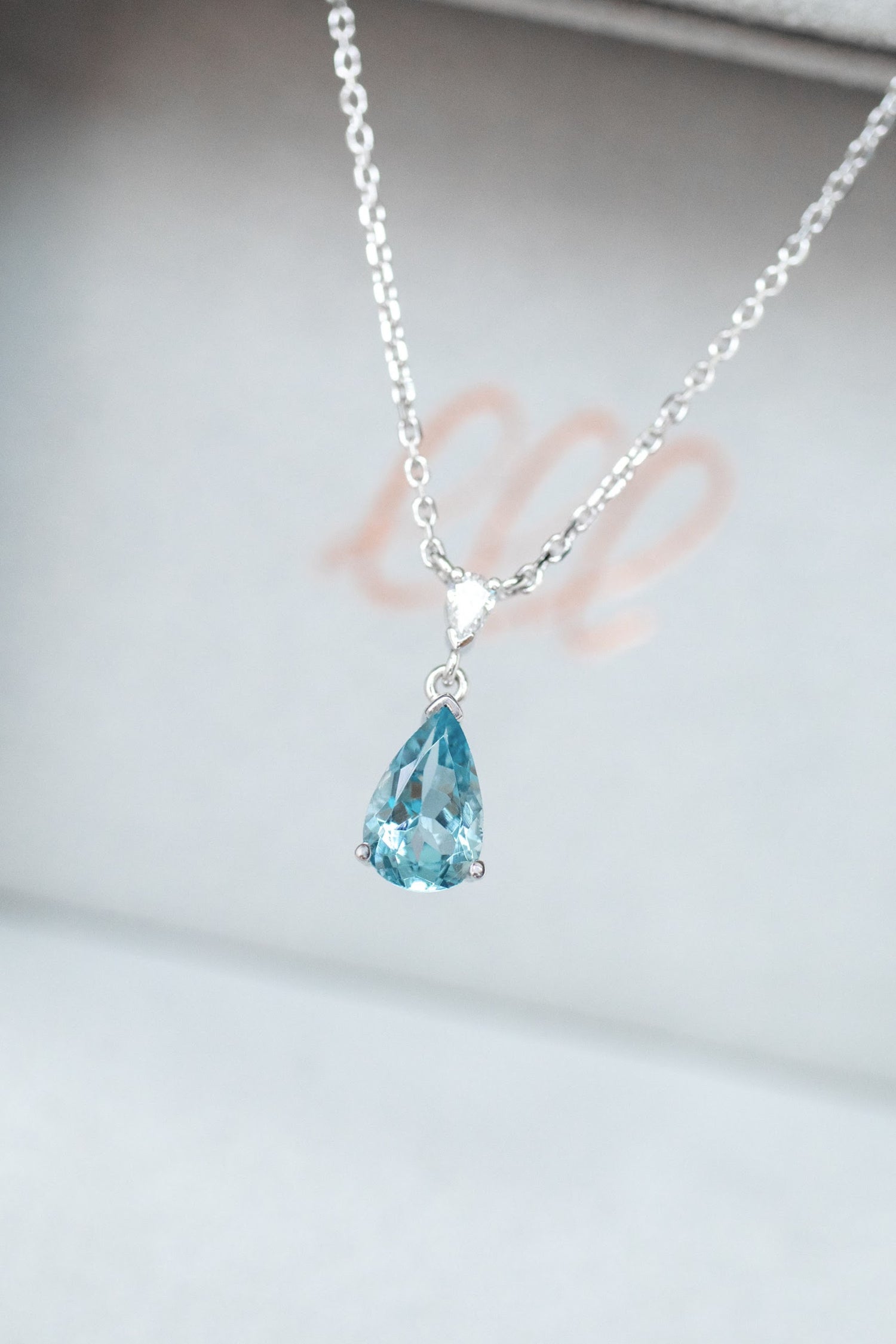 PREORDER - Elegant Pear Shape Aquamarine 0.65ct & Diamond 18K White Gold Necklace