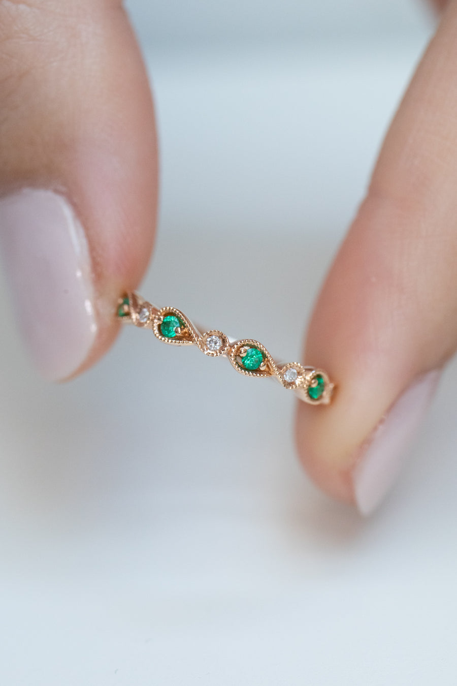 Flowing Round Emerald & Diamond 14/18K Gold Ring