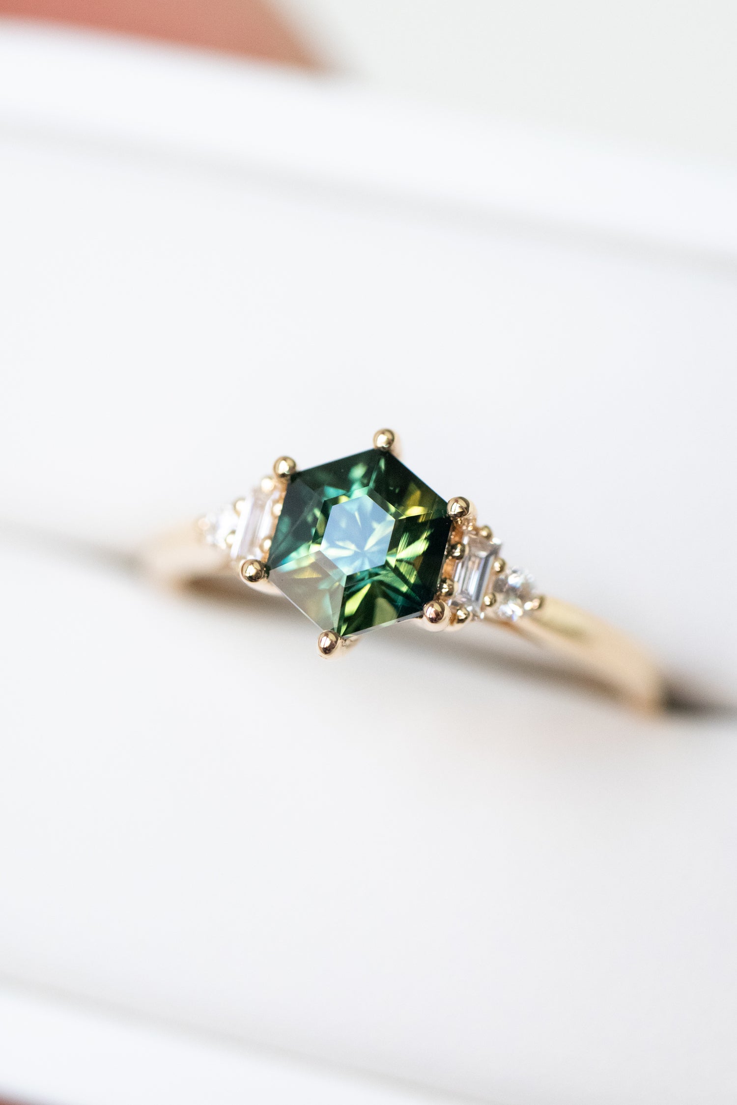 1.00ct Signature Hexagon Teal Sapphire (Unheated with Certificate) & diamonds 18K Yellow Gold Ring