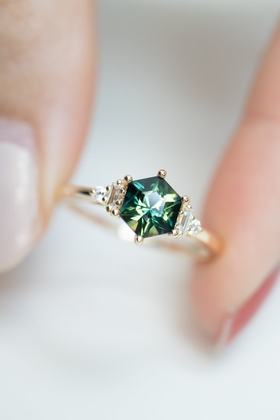 1.00ct Signature Hexagon Teal Sapphire (Unheated with Certificate) & diamond 18K Yellow Gold Ring