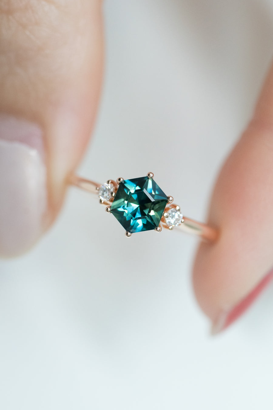 0.82ct Hexagon Teal Sapphire (unheated with cert) & Total 0.07ct Diamonds 18K Rose Gold Ring