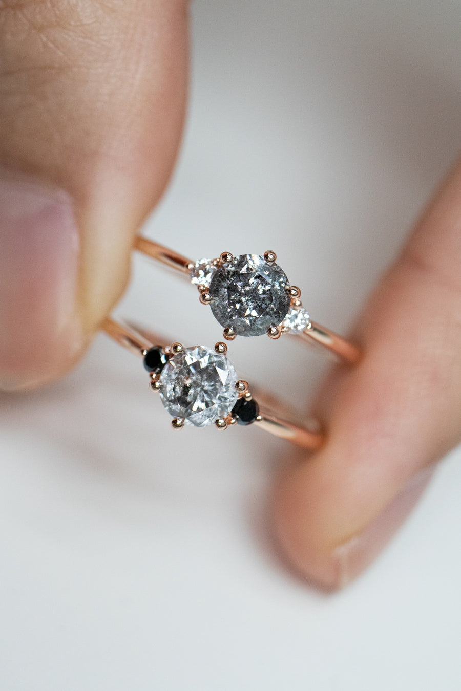 0.70carat Round Salt and Pepper Diamond & 0.07carat Black Diamonds 18K Rose Gold Ring