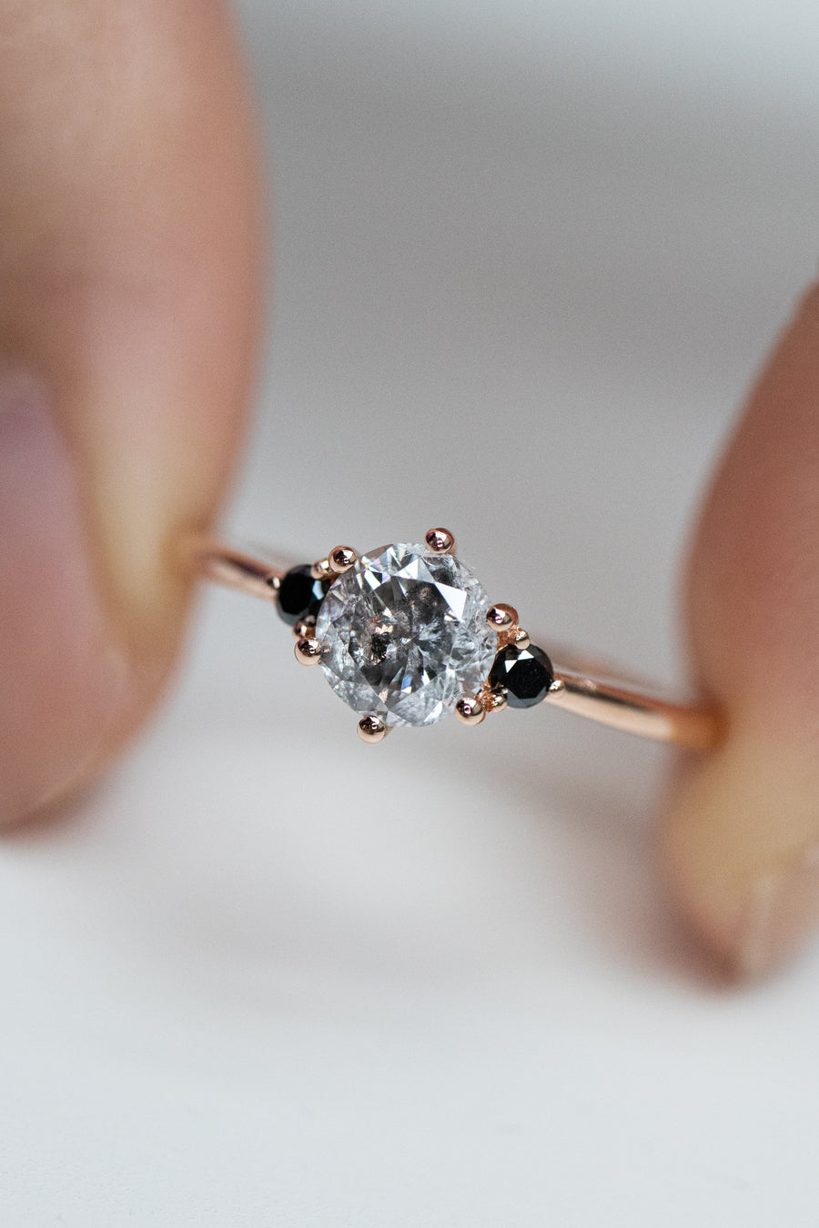 0.70carat Round Salt and Pepper Diamond & 0.07carat Black Diamonds 18K Rose Gold Ring