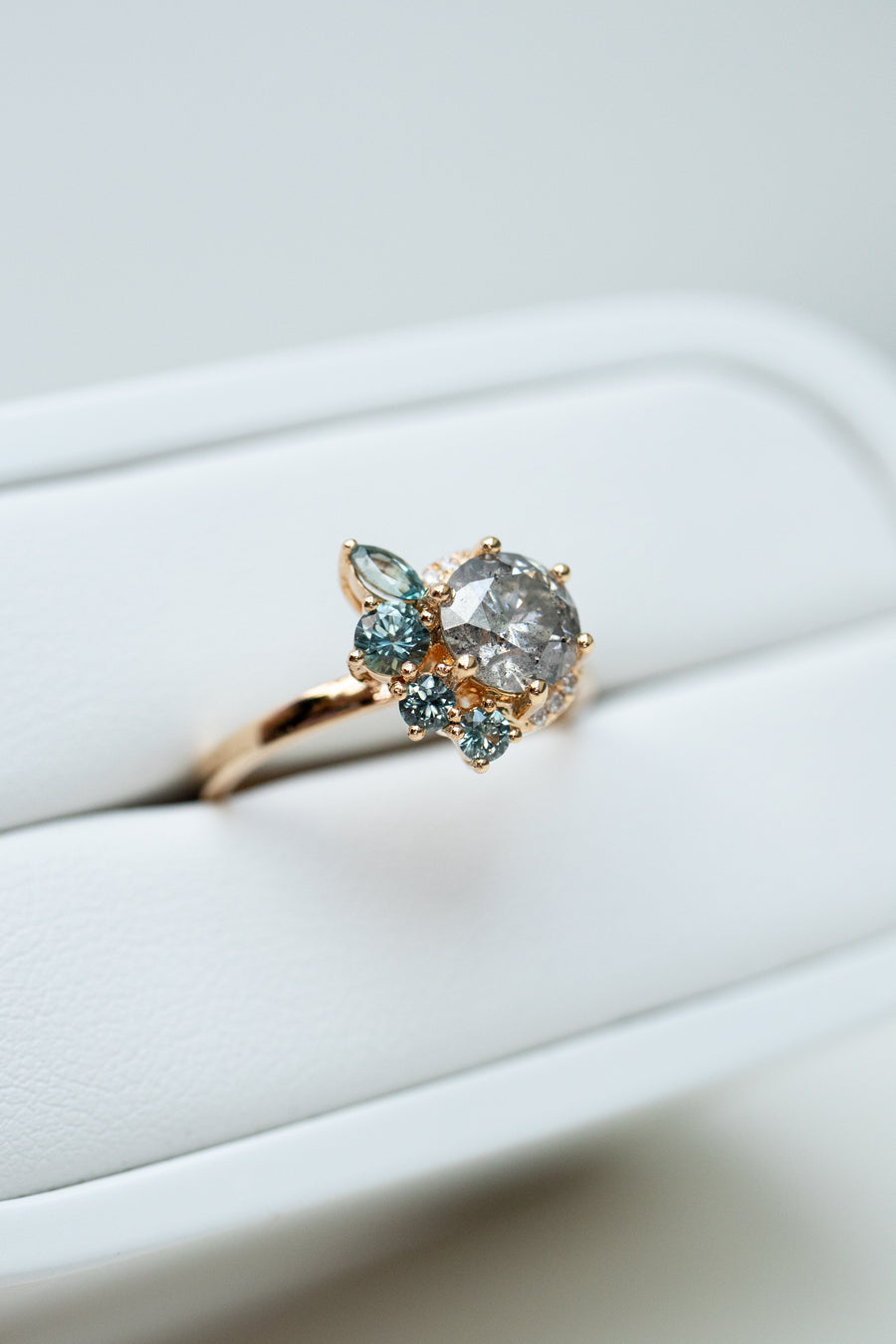 Renaissance 1.03ct Salt and Pepper Diamond and Sapphire 18K Yellow Gold Ring